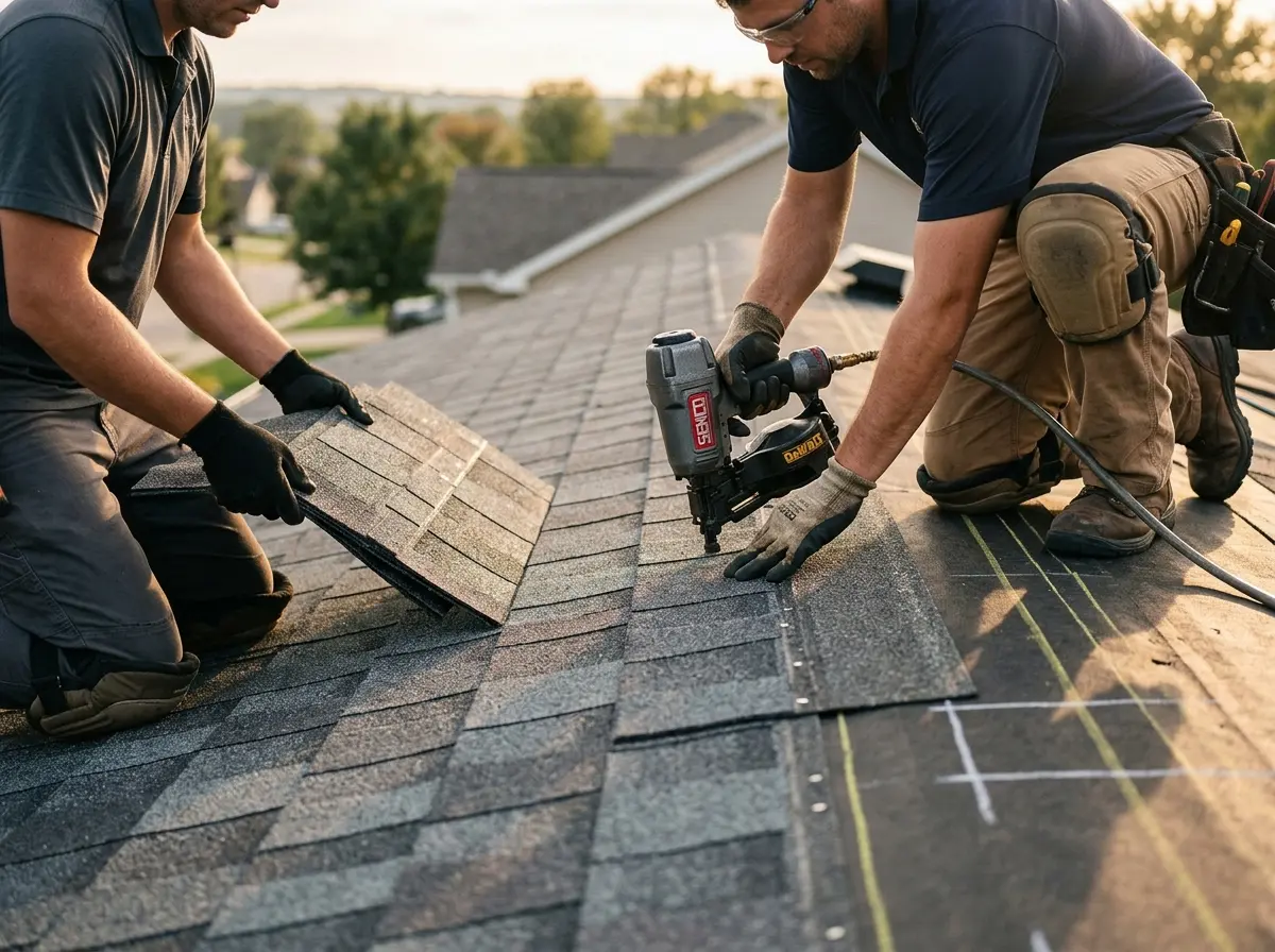Professional roofer working on a residential roof in Wilmer